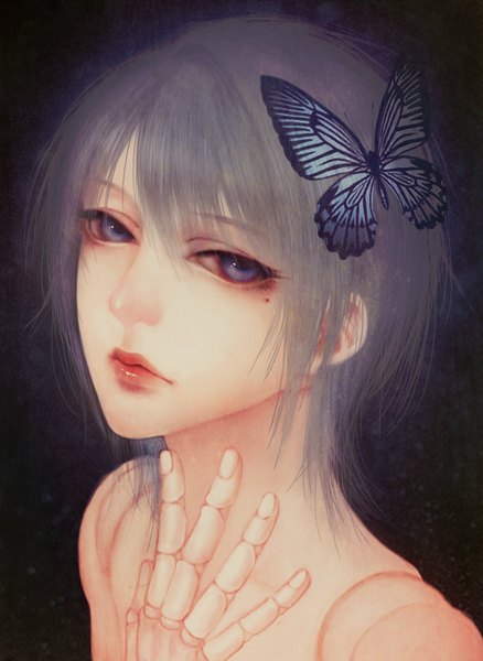Anime picture 1147x1571 with original shirousagi (artist) single tall image looking at viewer fringe short hair purple eyes bare shoulders purple hair mole mole under eye androgynous doll joints boy hair ornament insect butterfly butterfly hair ornament hand
