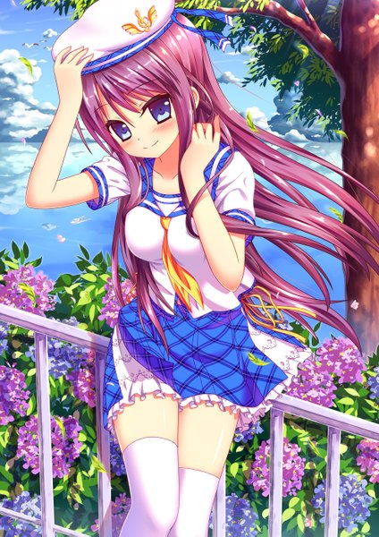 Anime picture 992x1403 with original moe2013 nazu-na single long hair tall image looking at viewer blush blue eyes smile sky purple hair cloud (clouds) wind zettai ryouiki girl thighhighs uniform flower (flowers) plant (plants)