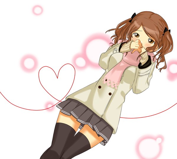 Anime picture 3500x3149 with amagami nakata sae fujimon single long hair blush highres brown hair twintails brown eyes absurdres heart of string cold girl thighhighs skirt black thighhighs jacket heart scarf