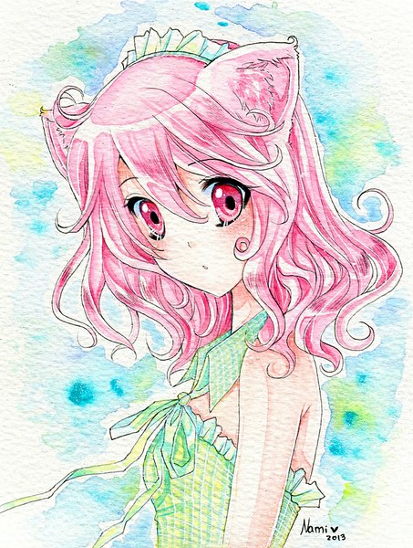 Anime picture 756x1000 with nami (nyaa) single tall image looking at viewer blush short hair animal ears pink hair pink eyes cat ears cat girl traditional media watercolor (medium) girl dress