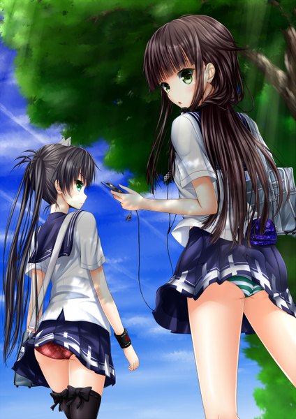 Anime picture 1060x1500 with shimaman akisaki maayu kaminato hare oosato haya long hair tall image light erotic black hair multiple girls green eyes looking back girl thighhighs skirt underwear panties bow black thighhighs 2 girls plant (plants)