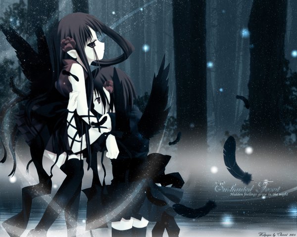 Anime picture 1280x1024 with kagefumi yoimatsuri hinayuki usa kc2 long hair short hair black hair standing multiple girls signed outdoors profile black eyes wallpaper black wings third-party edit girl thighhighs black thighhighs 2 girls plant (plants)