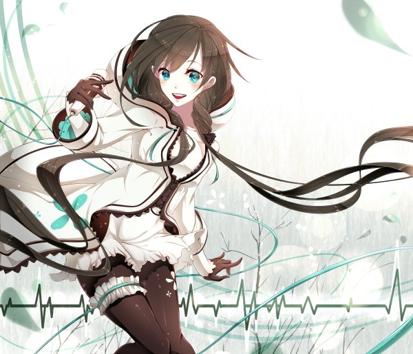 Anime picture 1200x1028 with utau xia yu yao phino (jinko0094) single long hair looking at viewer blush fringe open mouth blue eyes brown hair standing twintails bent knee (knees) braid (braids) leaning leaning forward twin braids girl dress