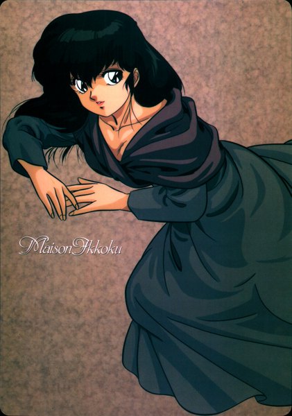 Anime picture 1065x1517 with maison ikkoku studio deen otonashi kyouko long hair tall image blue eyes black hair simple background reclining girl dress black dress