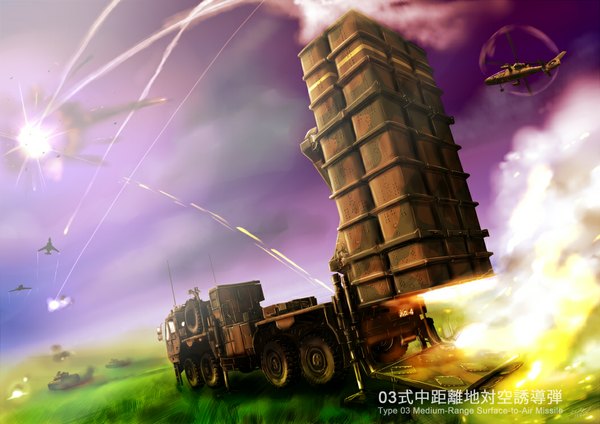Anime picture 1052x744 with original zephyr164 signed sky cloud (clouds) battle military shot war weapon ground vehicle car airplane jet helicopter