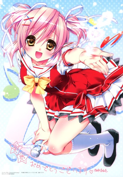 Anime picture 2446x3500 with original kamiya maneki single tall image looking at viewer blush highres short hair open mouth yellow eyes pink hair scan girl dress ribbon (ribbons) hair ribbon socks white socks