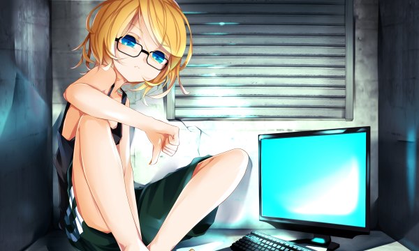 Anime picture 1200x720 with vocaloid kagamine rin maclo (makuro) single short hair blue eyes blonde hair wide image legs girl glasses shorts monitor