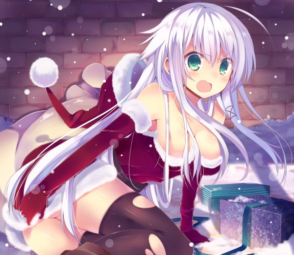 Anime picture 1200x1040 with original anceril sacred mishima kurone single long hair blush breasts open mouth light erotic bare shoulders green eyes white hair fang (fangs) fur trim tears snowing christmas winter snow merry christmas