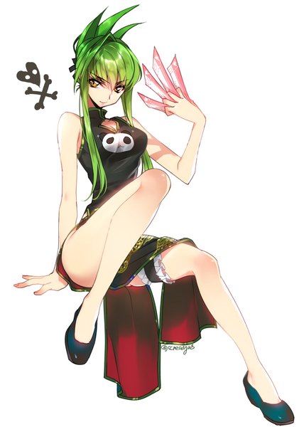 Anime picture 750x1050 with code geass shaman king sunrise (studio) xebec c.c. tao jun creayus single long hair tall image looking at viewer fringe light erotic hair between eyes sitting bare shoulders holding signed yellow eyes bent knee (knees)