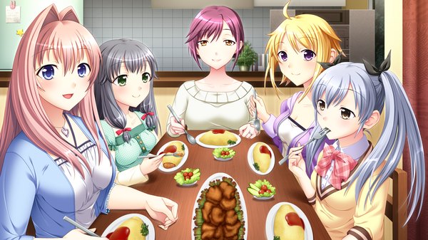 Anime picture 1024x576 with papa love (game) kizaki ayame long hair short hair blue eyes black hair blonde hair smile wide image twintails purple eyes multiple girls green eyes yellow eyes pink hair game cg purple hair ahoge grey hair eating