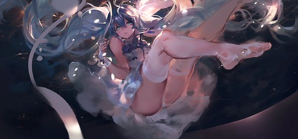 Anime picture 1350x633 with vocaloid hatsune miku kishiyo single looking at viewer light erotic wide image white background twintails very long hair aqua eyes aqua hair pantyshot no shoes leg lift (legs lift) revision space girl thighhighs dress