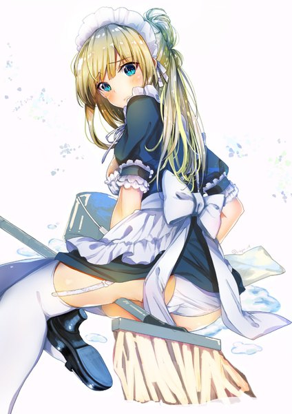 Anime picture 957x1355 with original yu yu single long hair tall image looking at viewer blush fringe breasts blue eyes light erotic simple background blonde hair white background signed ass looking back maid pantyshot twitter username