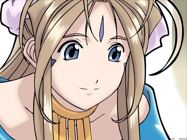 Anime picture 1600x1200 with aa megami-sama anime international company belldandy single long hair blue eyes blonde hair character names looking down close-up vector forehead mark girl