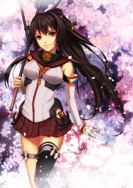 Anime picture 868x1228 with kantai collection yamato super battleship din (raiden) long hair tall image black hair brown eyes ponytail cherry blossoms girl thighhighs skirt hair ornament black thighhighs plant (plants) detached sleeves petals tree (trees) single thighhigh anchor