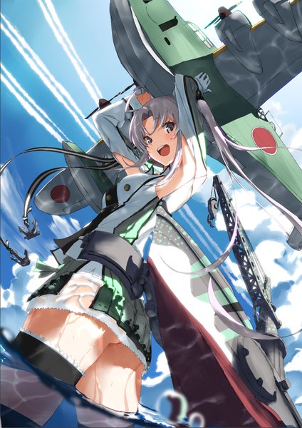 Anime picture 778x1100 with kantai collection akitsushima seaplane tender tsuuhan single long hair tall image looking at viewer fringe open mouth light erotic twintails holding sky silver hair cloud (clouds) pleated skirt arms up from below wet happy