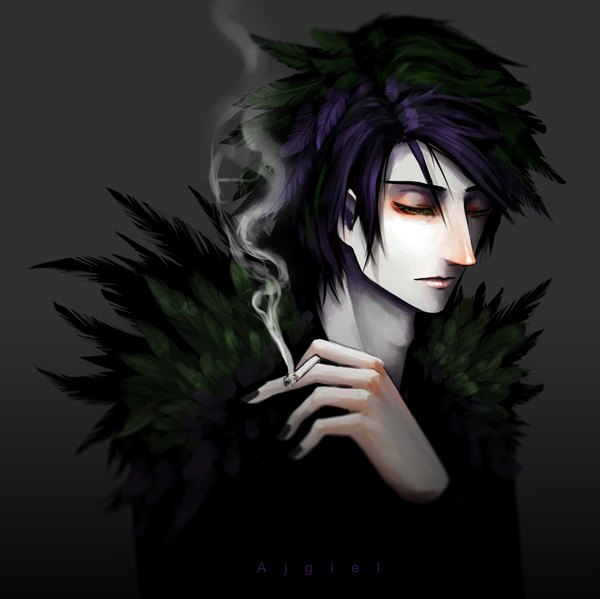 Anime picture 1968x1967 with original ajgiel single highres short hair simple background signed purple hair eyes closed nail polish multicolored hair green hair two-tone hair smoke black nail polish mutation boy feather (feathers) cigarette