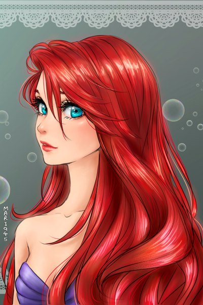 Anime picture 2000x3000 with the little mermaid disney ariel mari945 single long hair tall image looking at viewer fringe highres simple background hair between eyes bare shoulders signed upper body red hair parted lips aqua eyes lips grey background