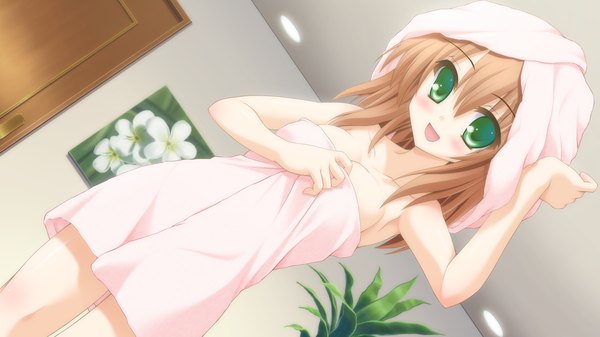 Anime picture 1920x1080 with canvas 4 (game) aogiri kotono kannon ouji blush highres short hair open mouth light erotic brown hair wide image green eyes game cg naked towel girl towel