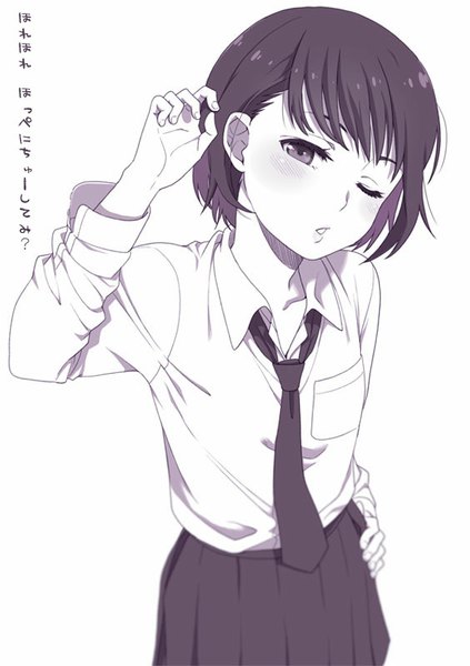 Anime picture 564x800 with original mattaku mousuke single tall image looking at viewer blush fringe short hair simple background white background parted lips pleated skirt one eye closed inscription hand on hip hieroglyph adjusting hair monochrome open collar girl