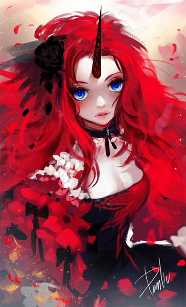 Anime picture 600x987 with original danhu single long hair tall image looking at viewer blush fringe breasts signed cleavage red hair parted lips horn (horns) lips eyebrows glow personification girl hair ornament