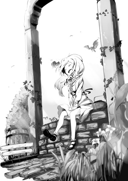 Anime picture 2480x3508 with original yashigaras single long hair tall image highres open mouth sitting eyes closed monochrome laughing girl dress ribbon (ribbons) plant (plants) animal socks bird (birds) white socks grass