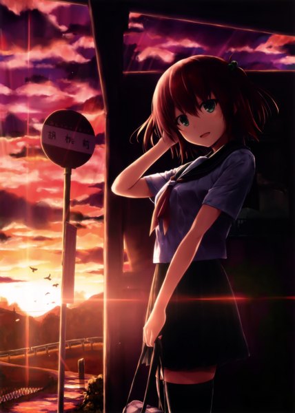 Anime picture 2140x3000 with original suien single tall image looking at viewer blush highres short hair open mouth blue eyes brown hair sky cloud (clouds) scan evening sunset girl thighhighs skirt uniform