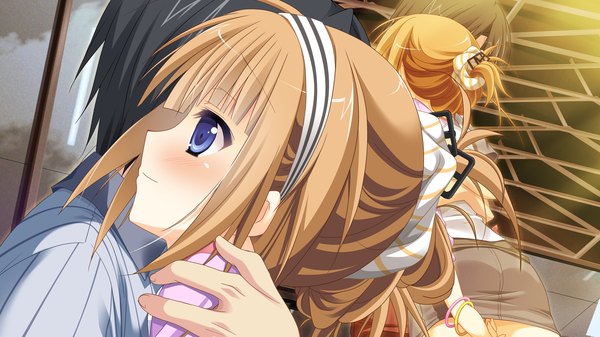 Anime picture 2560x1440 with 1/2 summer utashiro kanami sesena yau blush highres blue eyes blonde hair wide image game cg hug girl boy hairband