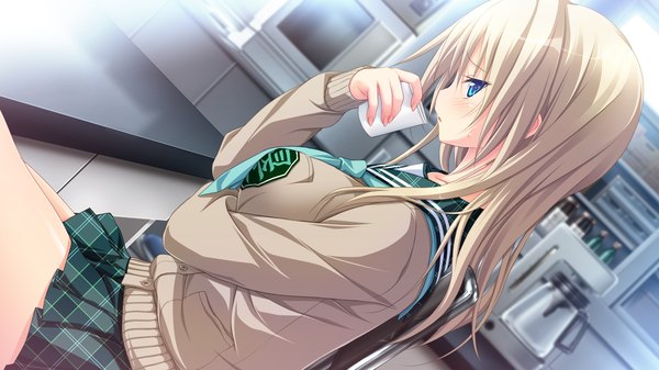 Anime picture 1280x720 with hapymaher purple software yayoi b lutwidge koku single long hair looking at viewer blush breasts blue eyes blonde hair wide image large breasts sitting game cg turning head girl skirt uniform school uniform