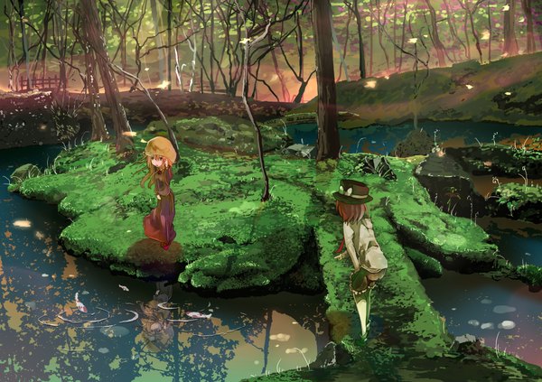 Anime picture 2000x1412 with touhou usami renko maribel hearn tokoroten (hmmuk) highres brown hair multiple girls green eyes landscape scenic river girl dress 2 girls plant (plants) hat tree (trees) water grass fish (fishes)