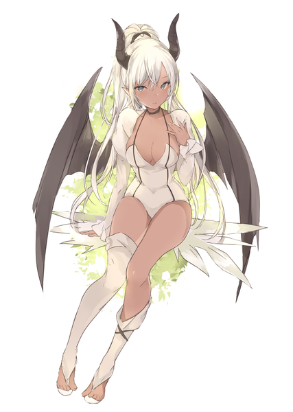 Anime picture 711x1000 with original lpip single long hair tall image looking at viewer fringe breasts light erotic simple background hair between eyes white background sitting cleavage full body white hair ponytail horn (horns) pointy ears grey eyes