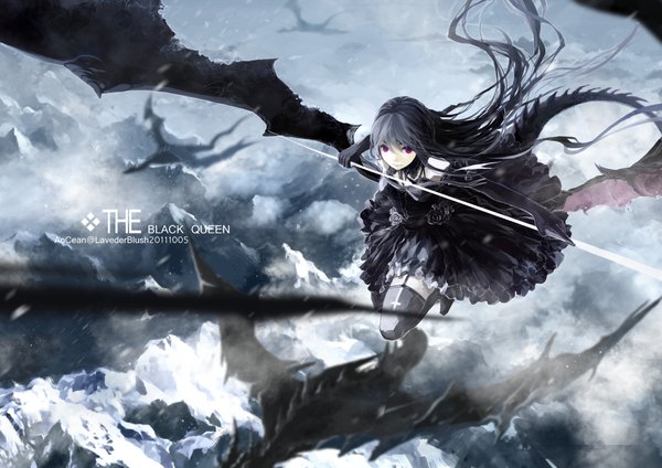 Anime picture 2000x1414 with original aocean single long hair highres black hair purple eyes sky cloud (clouds) tail mountain girl thighhighs dress gloves weapon black thighhighs wings elbow gloves rose (roses)