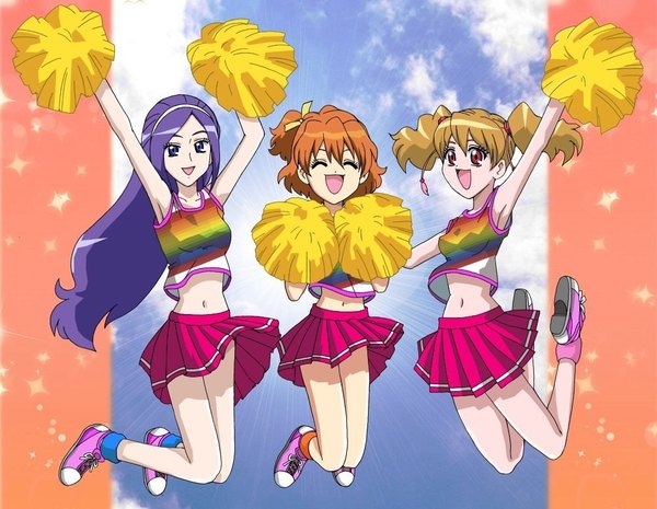 Anime picture 1000x776 with precure fresh precure! toei animation momozono love yamabuki inori aono miki tagme (artist) long hair fringe short hair open mouth hair between eyes brown hair purple eyes twintails multiple girls purple hair eyes closed pink eyes orange hair