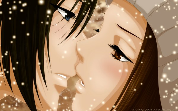 Anime picture 2560x1600 with suki-tte ii na yo zexcs tachibana mei kurosawa yamato cilou (artist) long hair blush highres short hair open mouth blue eyes brown hair brown eyes signed sky cloud (clouds) lips couple snowing face to face