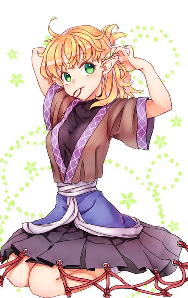 Anime picture 600x948 with touhou mizuhashi parsee akidzuki haruhi single tall image short hair blonde hair sitting holding green eyes looking away nail polish pointy ears mouth hold seiza hair tie in mouth hairdressing green nail polish girl hair tie