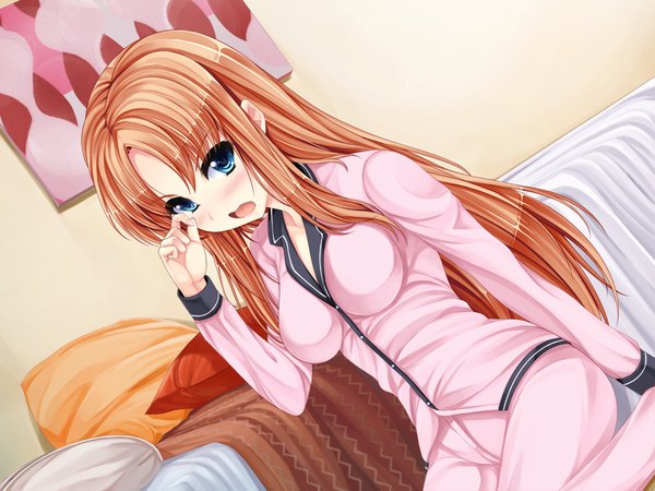 Anime picture 1024x768 with chu shite agechau takamori sana uni8 single long hair blush open mouth blue eyes game cg orange hair girl pajamas