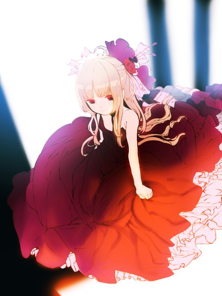 Anime picture 1000x1333 with original okari single long hair tall image looking at viewer fringe blonde hair red eyes bare shoulders ponytail hair flower from above girl dress hair ornament flower (flowers) frills rose (roses) red dress