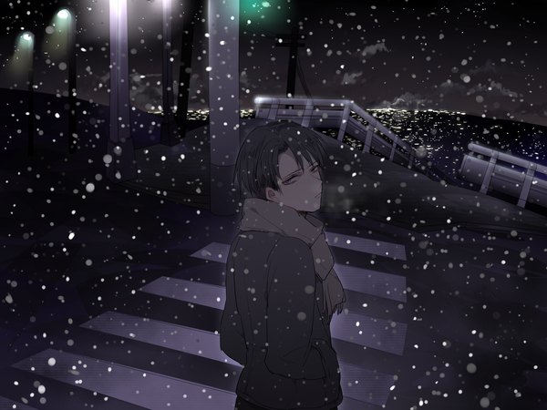 Anime picture 2048x1536 with shingeki no kyojin production i.g levi (rivaille) koko (kotobutyann) single looking at viewer highres short hair black hair purple eyes looking back night snowing winter exhalation hands in pockets city lights sad crosswalk boy