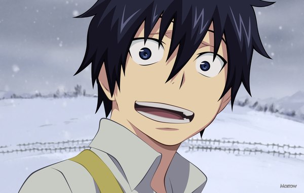 Anime picture 2200x1401 with ao no exorcist a-1 pictures pixiv okumura rin morrow single looking at viewer highres short hair open mouth blue eyes black hair pointy ears snowing winter snow boy