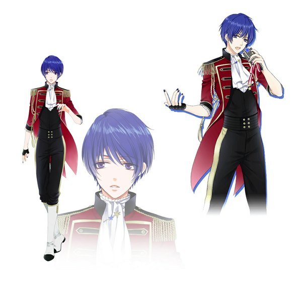 Anime picture 963x916 with marginal #4 idea factory aiba rui kirishima sou short hair open mouth simple background standing white background purple eyes holding blue hair nail polish open clothes open jacket zoom layer singing multiple persona boy gloves