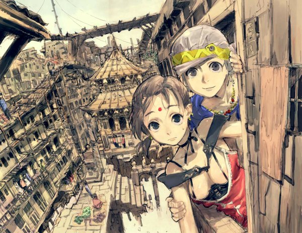 Anime picture 1149x889 with humi (artist) short hair multiple girls city fantasy jpeg artifacts girl ribbon (ribbons) 2 girls building (buildings) jewelry bandana roof
