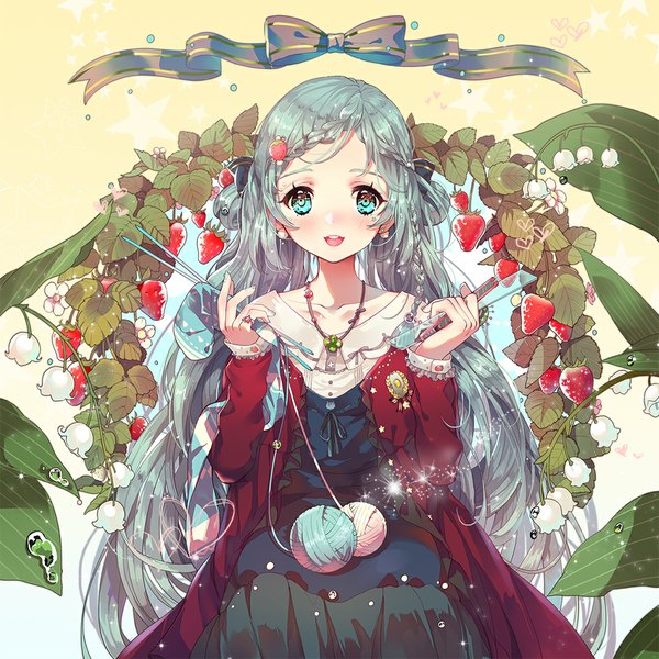 Anime picture 1000x1000 with vocaloid hatsune miku miemia single long hair looking at viewer blush open mouth blue eyes blue hair knitting girl dress flower (flowers) food berry (berries) strawberry lily of the valley