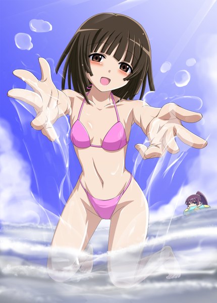 Anime picture 1200x1675 with bakemonogatari shaft (studio) monogatari (series) senjougahara hitagi sengoku nadeko shirosame (artist) single tall image looking at viewer blush short hair open mouth light erotic black hair brown eyes girl navel swimsuit bikini water