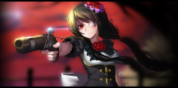 Anime picture 1983x987 with date a live tokisaki kurumi hk (hak) single long hair highres black hair red eyes wide image twintails looking away wind depth of field low twintails letterboxed blood on face girl dress hair ornament weapon