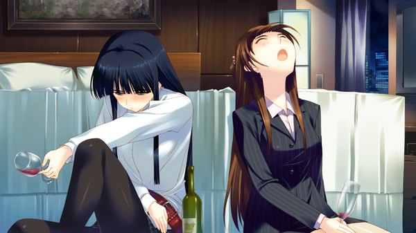 Anime picture 1280x720 with white album 2 touma kazusa ogiso setsuna long hair blush open mouth blue eyes black hair brown hair wide image multiple girls game cg eyes closed girl 2 girls suit wine glass wine