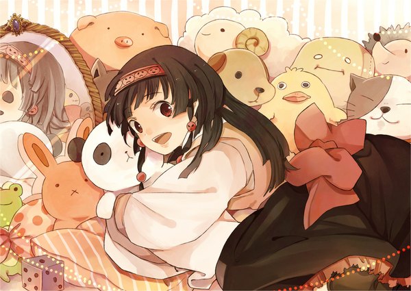 Anime picture 1063x753 with hunter x hunter alluka zoldyck tagme (artist) single long hair open mouth black hair red eyes looking back hug reflection girl hair ornament bow hairband pillow toy stuffed animal mirror dice