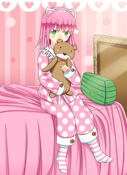 Anime picture 2550x3507 with league of legends annie (league of legends) tibbers (league of legends) tall image looking at viewer blush highres short hair green eyes animal ears pink hair loli girl socks bed toy stuffed animal pajamas striped socks bear