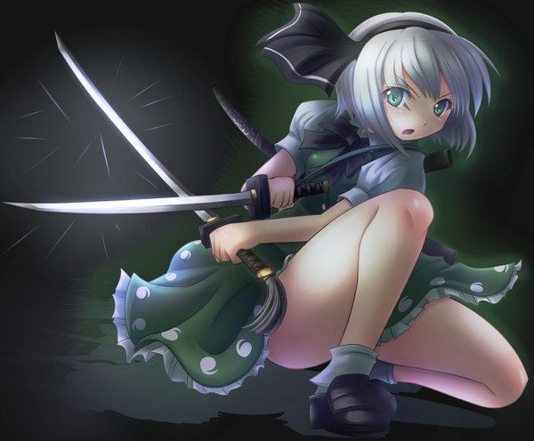 Anime picture 1033x855 with touhou konpaku youmu shin'en (gyokuro company) single short hair green eyes white hair girl dress weapon sword katana headband