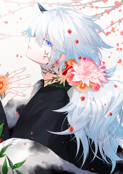 Anime picture 900x1275 with original ayashiro keika waka (shark waka) single long hair tall image looking at viewer fringe blue eyes simple background silver hair upper body traditional clothes japanese clothes profile hair flower tattoo new year plum blossoms boy