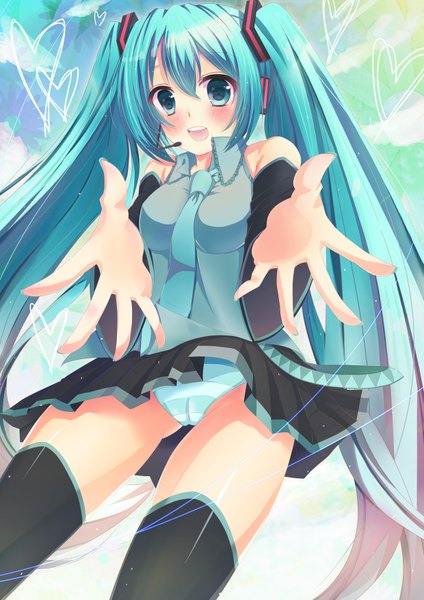 Anime picture 2480x3507 with vocaloid hatsune miku single long hair tall image looking at viewer blush highres open mouth light erotic smile twintails bare shoulders long sleeves aqua eyes aqua hair cameltoe girl thighhighs skirt