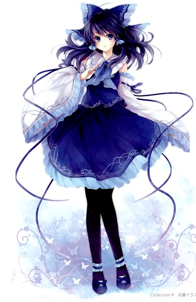 Anime picture 1967x3032 with touhou hakurei reimu hagiwara rin single long hair tall image highres blue eyes white background blue hair miko alternate color girl skirt bow hair bow detached sleeves skirt set